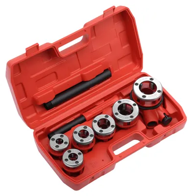 Produktbild von Wiltec Schneidkluppe 9-tlg. Set aus Stahl, Gewindeschneider mit 6 Schneidköpfen, Schneideisen mit Ratschenverlängerung, Rohrschneider mit Koffer