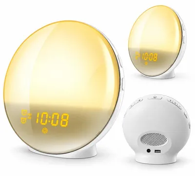 Produktbild von Sonnenaufgang Wecker LED, Tageslichtwecker mit 7 Farben und 20 Helligkeitsstufen, 7 natürliche Wecktöne, FM Radio, Nachtlicht und Uhr