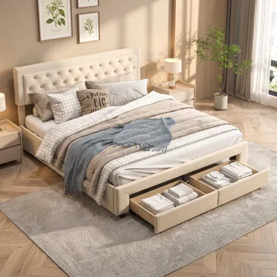 Produktbild von INONEFT Boxspringbett 180x200cm mit Stauraum, Doppelbett  Polsterbett mit 2 Schubladen, Stauraumbett Bettgestell mit Lattenrost, Samt, Beige