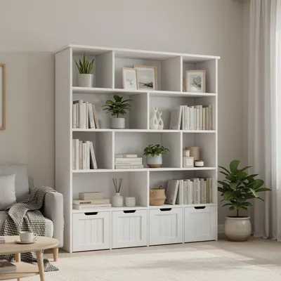 Image de Bibliothèque - Rangement - Étagère à livres - Meuble à compartiments - Meuble de rangement - Armoire en bois à 5 étagères - 4 tiroirs