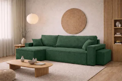 Image de Canapé d'angle  avec fonction couchage et pouf, velours côtelé Poso, vert, configuration ? gauche, BEST L avec pouf