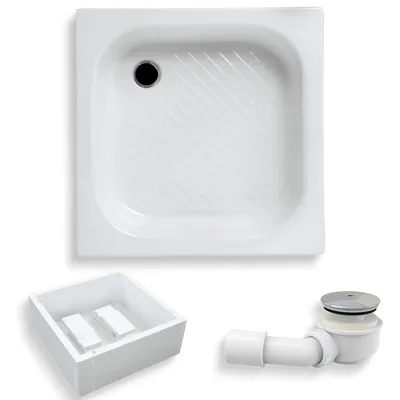 Zdjęcie produktu dla Brodzik Prysznicowy Kwadratowy 70x70x29,5 z Nośnikiem Styropianowym, Akrylowy, Gładki | Syfon odpływ ⌀50 mm + nogi (stelaż) | BADLAND KAREN