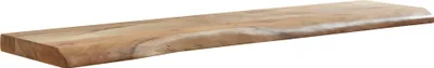 A wooden shelf with a live edge is presented against a white background.