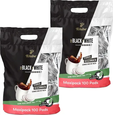 Produktbild von Tchibo Kaffeepads Vorratspack Maxipack, BLACK&WHITE, 200 Stück – 2x 100 Pads (Kaffee, kräftig mit starkem Geschmack), nachhaltig, geeignet für Senseo Maschinen