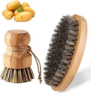 Produktbild von Set mit 2 Gemüsebürsten aus Naturborsten, Kartoffel- und Pilzbürste, Holz für Küche und Haushalt, für Karotten und Obst