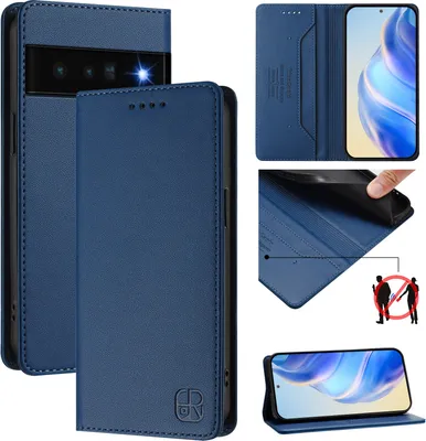 Obrázek produktu pro Kožené pouzdro pro Google Pixel 6 Pro, flipové pouzdro s přihrádkami na karty, peněženkou a stojánkem Modrý