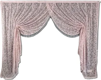A pink lace curtain with a beaded trim, displayed against a white background.