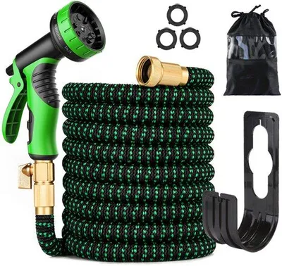Image de Enrouleur de tuyau d'arrosage extensible de 15 m - Avec raccords 1/2" et 3/4", latex à 3 couches, raccords métalliques, vert