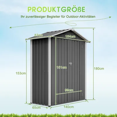 Zdjęcie produktu dla Metalowa szopa na narzędzia 154 x 83 x 180 cm z otworami wentylacyjnymi, metalowym fundamentem, zamykanymi drzwiami, odporna na warunki atmosferyczne, szara