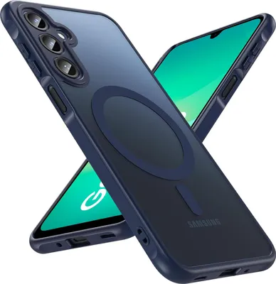 A blue phone case with a magnetic ring is shown diagonally, with a phone screen visible underneath.