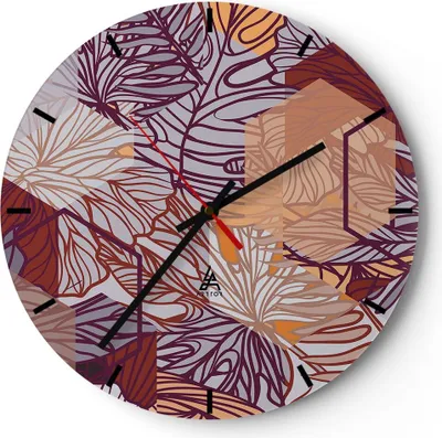 Produktbild von Wanduhr - Rund - Glasuhr - Blatt Pflanze Blume - 30x30cm - Schleichendes Uhrwerk - Lautlos - zum Aufhängen bereit - Dekoration Modern - Wanddekoration aus Glas - C3AR30x30-3865