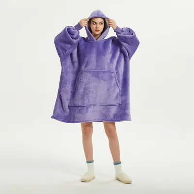 Obrázek produktu pro Oblíbená mikina Hugglehoodie s kapucí z fleece, odolná proti chladu, teplá, pohodlná, televizní deka, noční košile pro ženy, fialová 均码 (通用大码)