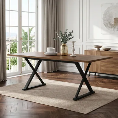 Immagine prodotto di Tavolo da pranzo Flieks con gambe in metallo, per 6-8 persone, tavolo da sala da pranzo, tavolo da cucina 180x90x75 cm, color noce + nero.