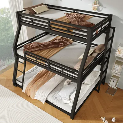Immagine prodotto di okwish Letto a castello 90x200cm&120x200cm&140x200cm adatto per tre bambini, Letto a castello con barriera protettiva, Letto in metallo, Letto a castello triplo, nero (Senza materasso)