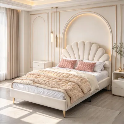 Image de INONEFT Lit rembourré 140x200 cm avec tête de lit en forme de fleur et sommier à lattes, lit double, lit pour enfants, en velours, pour enfants et adolescents, couleur beige