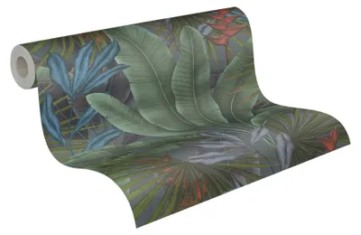 Produktbild von livingwalls Palmenblatt-Vliestapete – Grün, Grau, Blau – 10,05 x 0,53 m