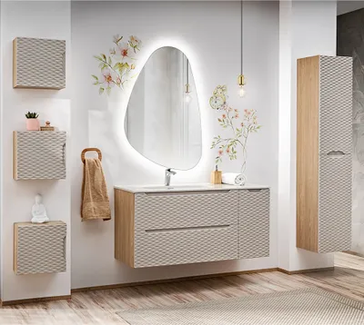 Produktbild von Badmöbel Set 6-teilig mit 120cm Waschtisch, Eiche mit beige, OLUO-56-BEIGE