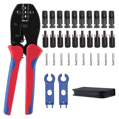 Produktbild von Solar Crimpzange Set - Photovoltaik Crimpwerkzeug 2,5-6 mm² - Metrische & AWG Markierung - Inkl. Solarsteckverbinder & Kabelverbinder - Schraubenschlüssel & Koffer