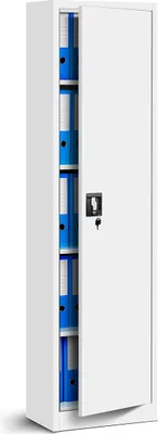 A white filing cabinet with the door open showing several blue binders inside.
