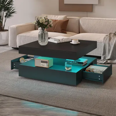 Produktbild von Radelldar Wohnzimmertisch mit 2 Schubladen, mit LED und Verstecktem Stauraum, matt 78x78x40cm, Schwarz