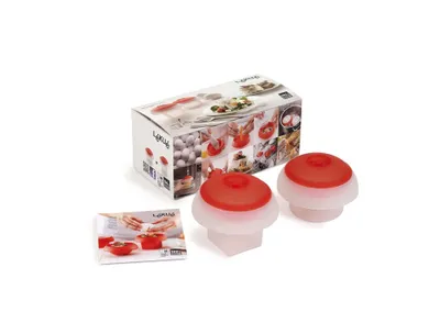 A product shot of two egg poachers and their packaging, set against a white background.