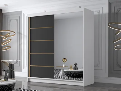 Obrázok produktu pre Veľká šatníková skriňa 180 cm so zrkadlom UVALDE - biela / čierna