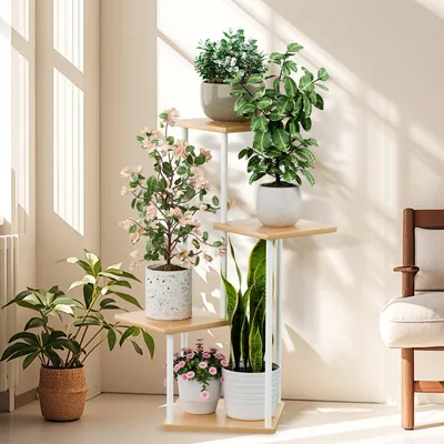 Produktbild von CMYbabee 4 Etagen Hölzern Metall Pflanzenständer Innen Außen, Ecke Blumenregal Pflanzenregal für Mehrere Pflanzen, Blumenständer Pflanzentreppe Outdoor-Balkon Garten Wohnzimmer