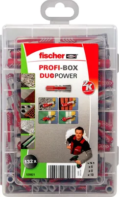 A clear plastic box containing Fischer brand wall plugs (dübel) and accessories, with marketing graphics on the front.