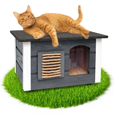 Produktbild von Isoliertes Katzenhaus für Draußen aus Holz – Wetterfest Katzenhütte mit Wärmedämmung, Wasserdichtem Dach & Thermovorhang – Einfache Montage - Grau