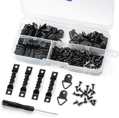 Produktbild von Fotohaken Set zum einfachen Aufhängen von Fotos - 50 D-Ringe, 50 Dreieckshaken, 150 Schrauben und Schraubendreher