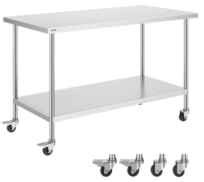 Image de Table de travail VEVOR en acier inoxydable, table de préparation avec 4 roues, 3 niveaux de hauteur réglables, table de travail pour la préparation des aliments pour les cuisines professionnelles et les restaurants 762 x 1524 x 954,6 mm
