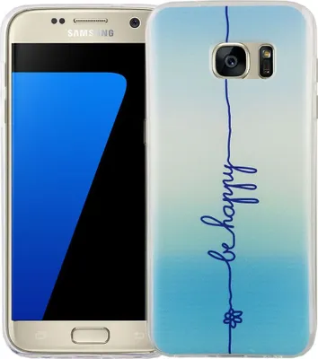 Produktbild von Handy Hülle für Samsung Galaxy S7 Cover Case Schutz Tasche Motiv Slim Silikon TPU Schriftzug Be Happy Blau