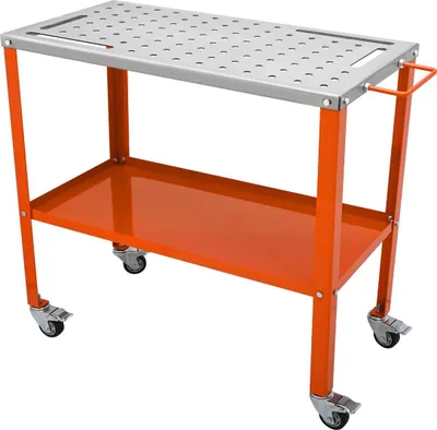 Immagine prodotto di Tavolo da saldatura 36" x 18", capacità di carico 1200 libbre Tavolo da lavoro in acciaio per saldatura su ruote, banco da lavoro portatile a 2 livelli con rotelle frenanti, 4 slot per utensili, fori di fissaggio da 5/8 di pollice