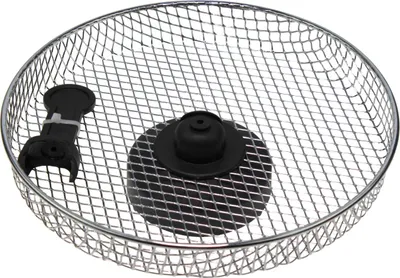 A metal mesh basket with two black plastic accessories inside, placed on a white background.