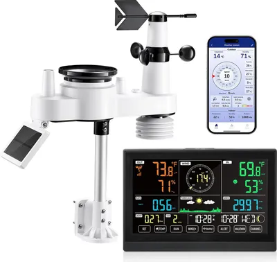 Obrázek produktu pro WLAN meteostanice - sada 7 v 1 - 19 cm VA displej - připojení k aplikaci - solární venkovní senzor - vítr, teplota, vlhkost, srážky - předpověď počasí