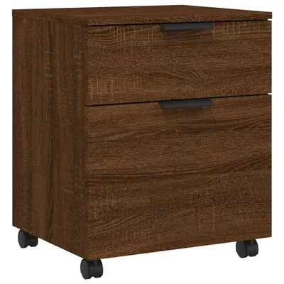 A close-up, front-facing view of a mobile filing cabinet with two drawers.