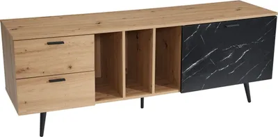Produktbild von Lowboard Eiche-Nachbildung mit Marmor-Look in Schwarz 150x55x40 cm TV-Kommode, Design TV-Schrank Hoch Modern, Fernsehtisch Fernsehschrank mit Tür & Schubladen, Fernsehkommode Wohnzimmer Modern
