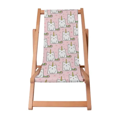 A wooden deck chair with a pink fabric seat featuring a repeating pattern of cartoon unicorn cats.