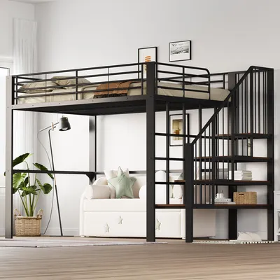 Produktbild von Hochbett 140 x 200 cm mit stabiler Metallkonstruktion, geräumigem Stauraum unter dem Bett und Treppe, ideal für Kinder und Erwachsene, Schwarz