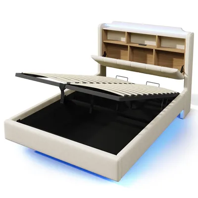 Produktbild von Flieks Hydraulisches Polsterbett 140x200cm mit USB- und Typ-C-Anschlüsse, Stauraumbett Doppelbett mit Led, Jugendbett Leinen, Beige
