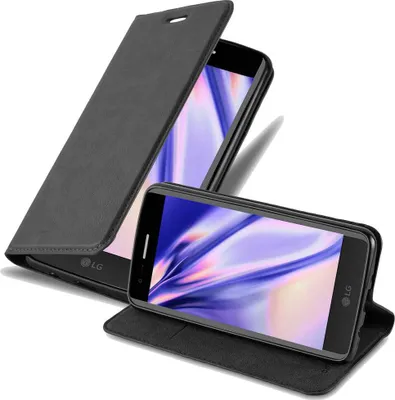 A black flip case for a smartphone is shown, with the phone inside and its screen displaying a colorful abstract image. The case is open, revealing the phone and part of the case's interior.