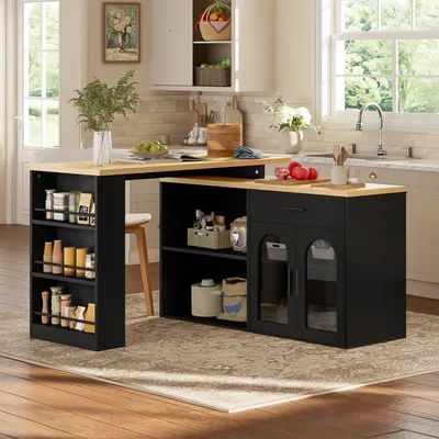 Immagine prodotto di Isola da cucina MODFU con piano girevole a 360°, mobile da cucina con cassetto e ripiani, bancone allungabile, scrivania a forma di L, finitura nera/effetto legno di quercia