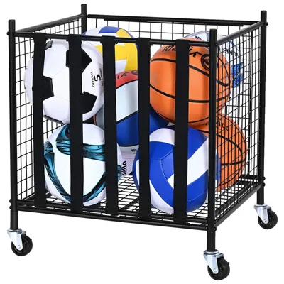 Produktbild von VEVOR Rollender Sportball-Lagerwagen, Basketballkäfig mit doppelten Deckeln, Sportgerätehalter-Organizer für drinnen und draußen, Stahl-Lagerregal für Garagen, Spielgruppen, Fitnessstudios und Schulen, 50.7 x 50 x 54.5 cm
