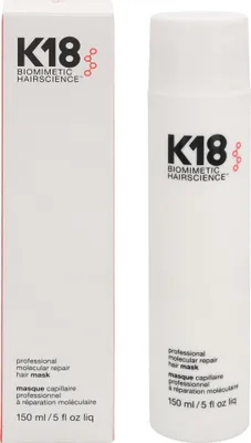 A product shot of a K18 Professional Molecular Repair Hair Mask and its packaging.