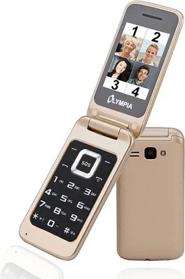 A gold flip phone with its screen open, displaying contact photos. The phone is shown against a white background.