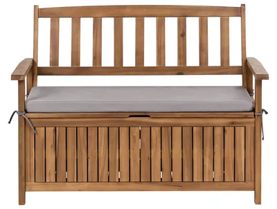 Obrázek produktu pro BELIANI Zahradní lavička akátové dřevo úložný prostor 120 cm šedý podsedák 3místná rustikální styl exteriér
