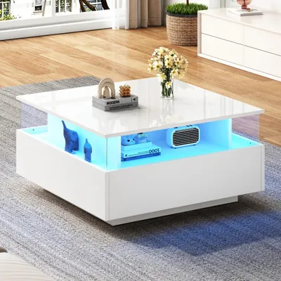 Immagine prodotto di Tavolino da salotto – Tavolino da caffè – Tavolo – Tavolino per il soggiorno – Tavolino ausiliario – Bianco lucido – Con illuminazione a LED – Due cassetti