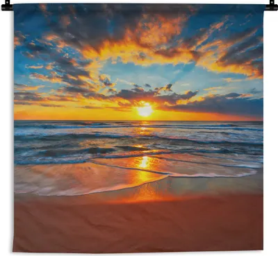 Produktbild von MuchoWow® Wandteppich Wandbehang Meer - Sonnenuntergang - Strand - Wolken - Orange 150x150 cm Tapisserie Dekoration Wandtuch - Wohnaccessoires - Modernes
