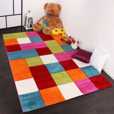 Produktbild von Kinder Teppich Karo Design Multicolour Grün Rot Grau Schwarz Creme Pink Grösse Ø 120 cm Rund