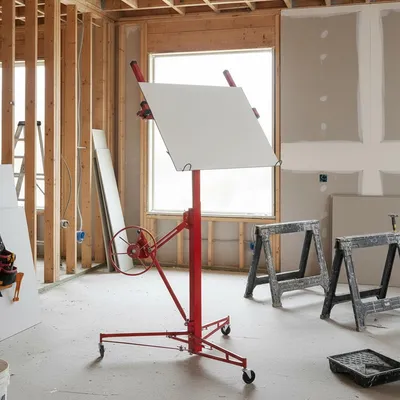 Produktbild von Plattenheber Trockenbau mit 3 Bremsrädern 60-Grad-Neigung Klappbar Arbeitshöhe 140-350cm Plattenlift Max. 68 kg für Trockenbaupletten und Decken
